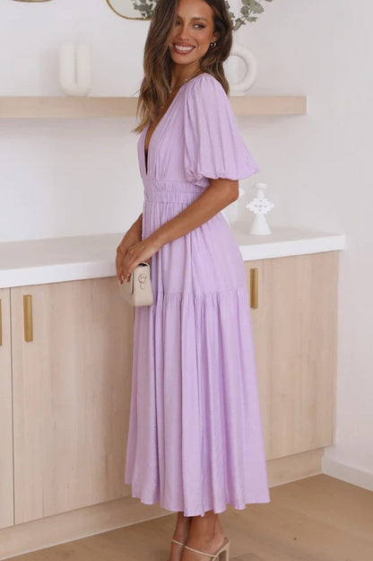 V Neck Puff Sleeve Smocked Empire Waist Tiered Midi Dress