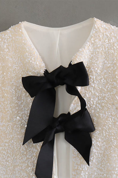 Margovil Long Sleeves Bow Detail Shiny Sequin Top