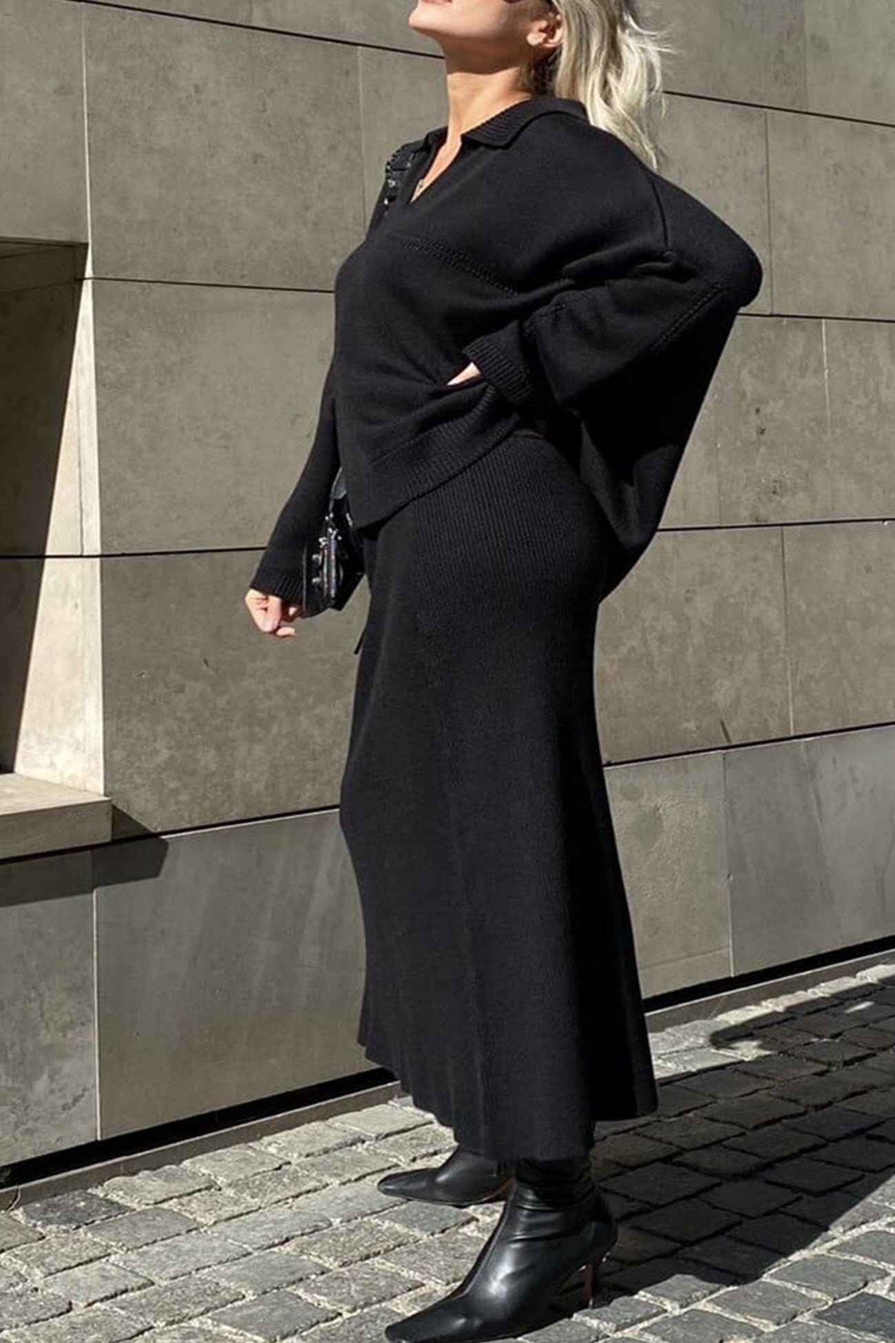 Lapel V Neck Sweater Skirt Set