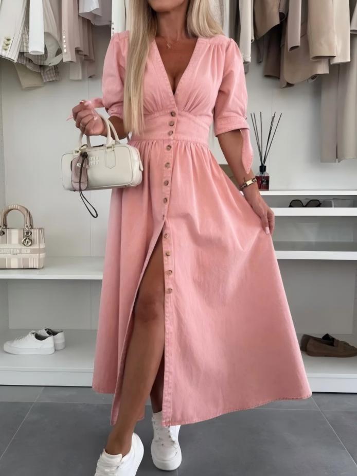 V-neck Short-sleeved Loose-fitting Denim Button-down Long Dress