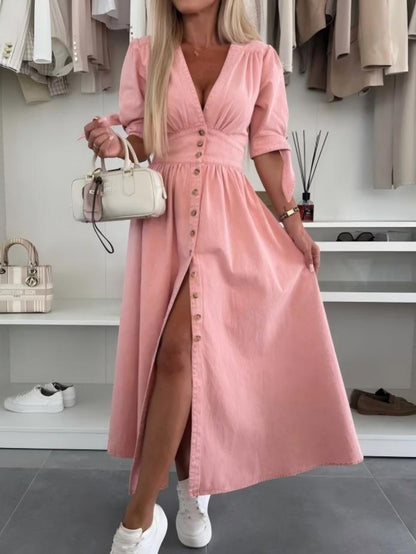V-neck Short-sleeved Loose-fitting Denim Button-down Long Dress