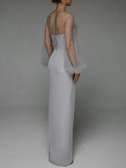 Pearl Mesh-paneled Sleeves Tube Top Maxi Dresses