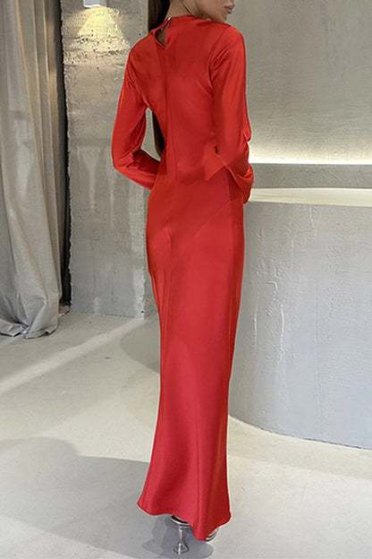Margovil Round Neck Long Sleeves Satin Maxi Party Dress