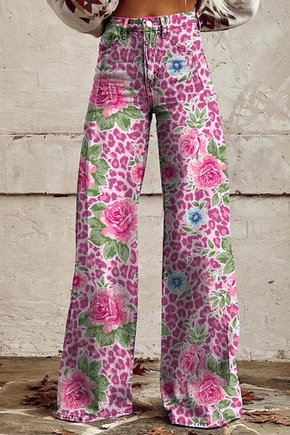Margovil Leopard Floral Print Wide Leg Pocketed Pants