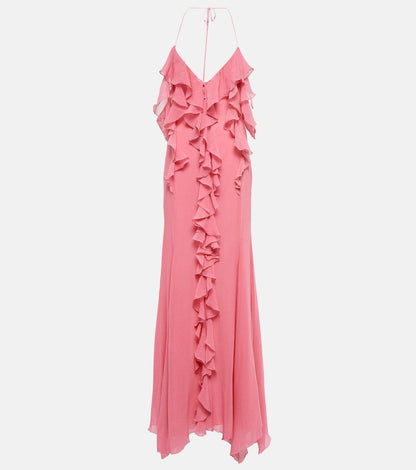 V-neck Ruffle Backless Formal Dress Maxi Dresses
