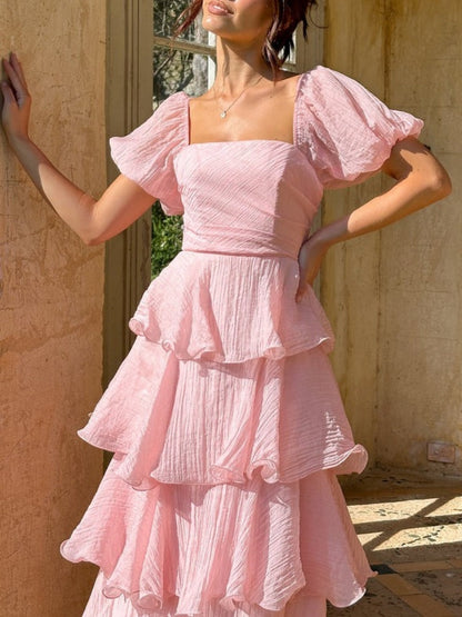 Square Collar Puff Sleeve Cake Skirt Vacation Parties Maxi Dresses