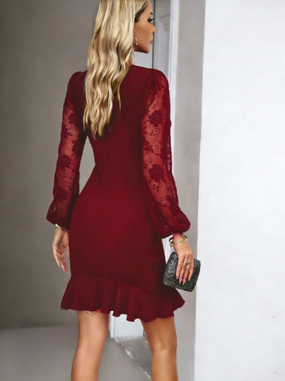 Lace-trimmed Puff Sleeves Ruffled Cross Hem Midi Dresses