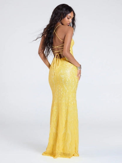 Sequins V-neck Opening Bandage Party Long Dress