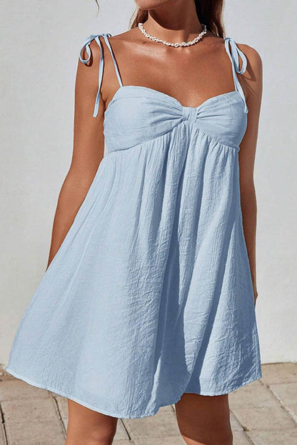 Tie Shoulder Sweetheart Crinkled Texture Babydoll Mini Dress