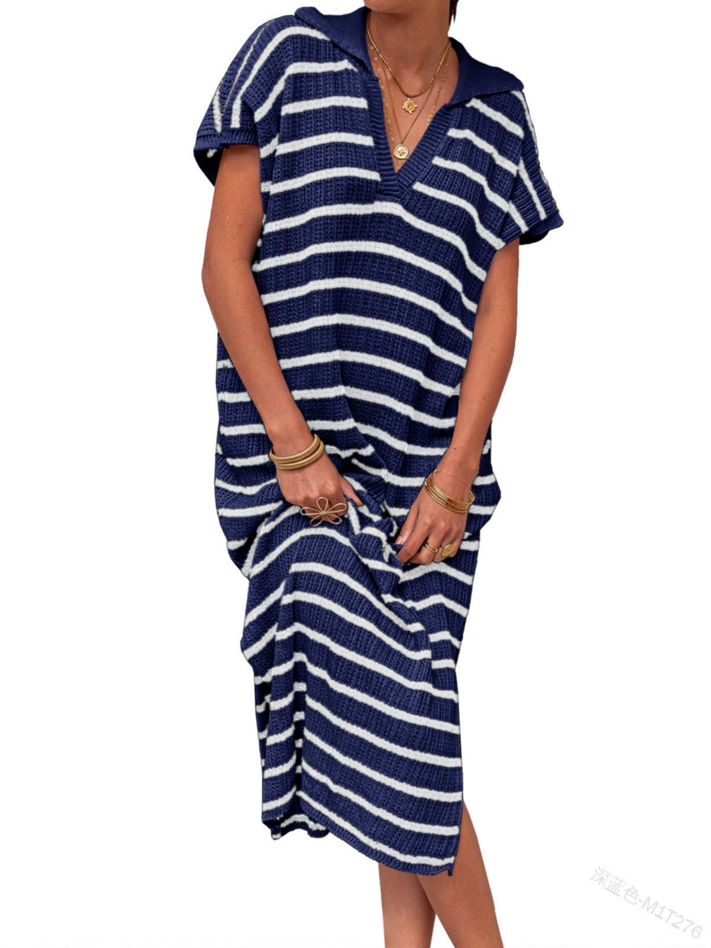 Stripes V-neck Short Sleeve Low-split Lapel Maxi Dresses