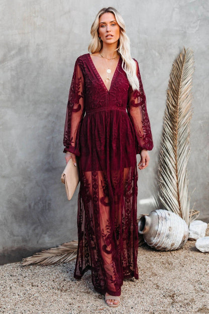 Deep V Neck Floral Lace Embroidered Long Sleeve Side Slit Maxi Dress