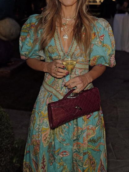 Printed Balloon Sleeve V-neck Temperament Waist Maxi Dresses