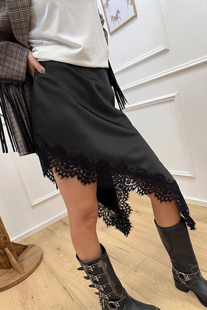 Margovil Lace Trim Side Slit Irregular Satin Skirt