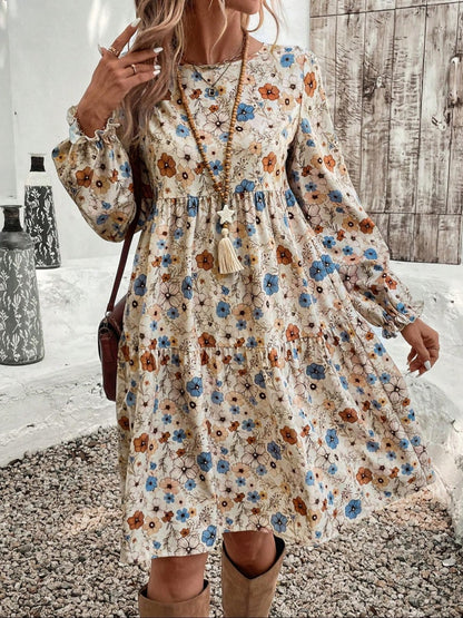 Floral Puff Sleeve Tie-waist Short Dress