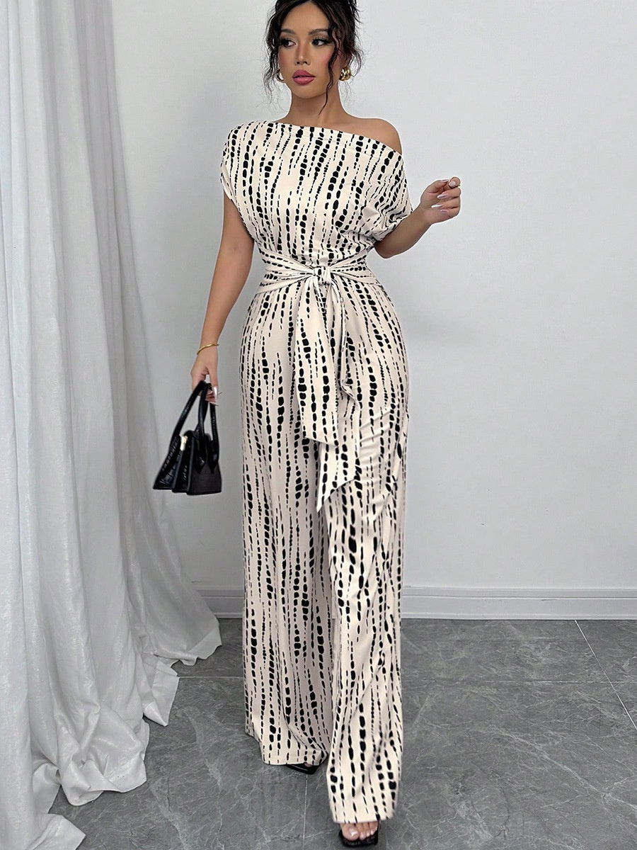One-shoulder Tie-up Jumpsuit With Wide Legs