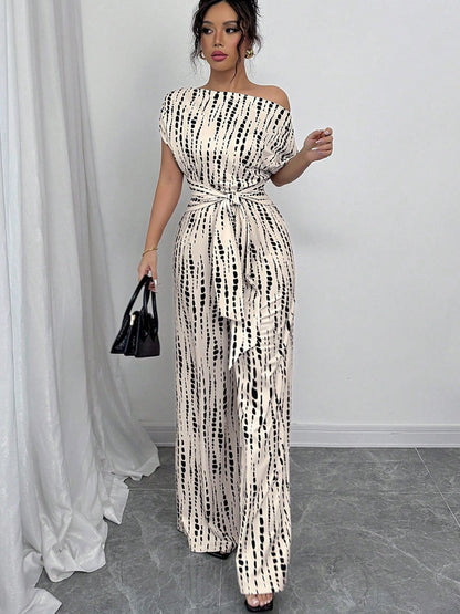 One-shoulder Tie-up Jumpsuit With Wide Legs