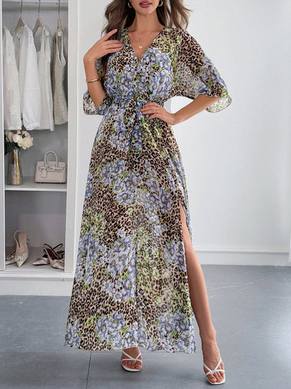 Printed Straps V-neck Short Sleeve Slit Maxi Dresses