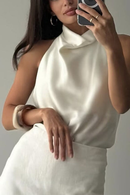 Margovil Chic Halter Cowl Neck Sleeveless Satin Top