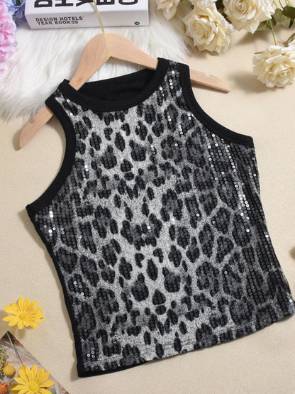 Sequined Leopard Print Color-blocked Crop Top Elastic Vest