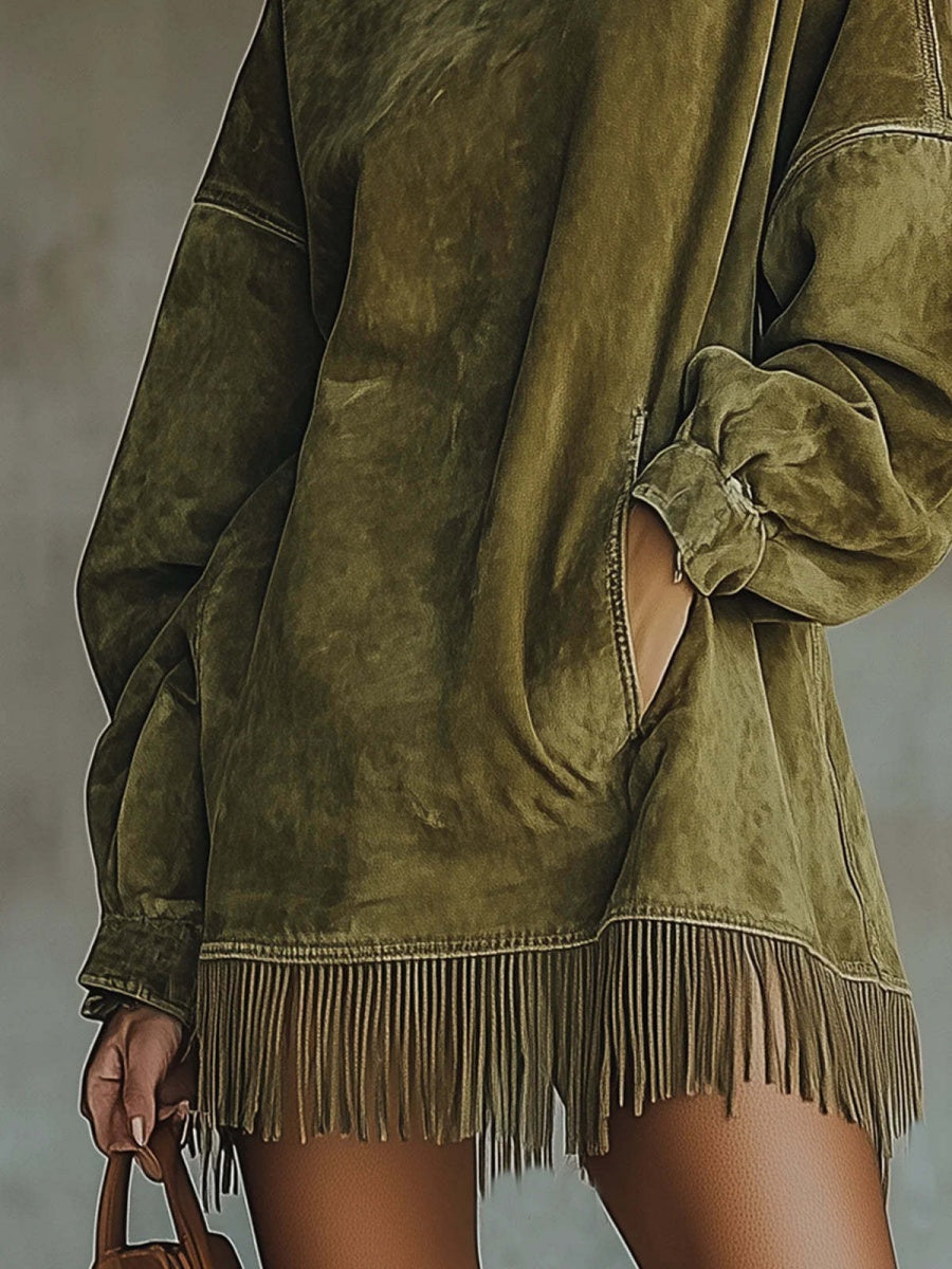 High-neck, Loose-fitting, Pocketed, Tassel Long-sleeved Suede Mini Dress