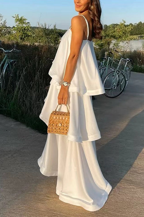 Margovil Adjustable Strap Ruffle Layered Satin Maxi Dress