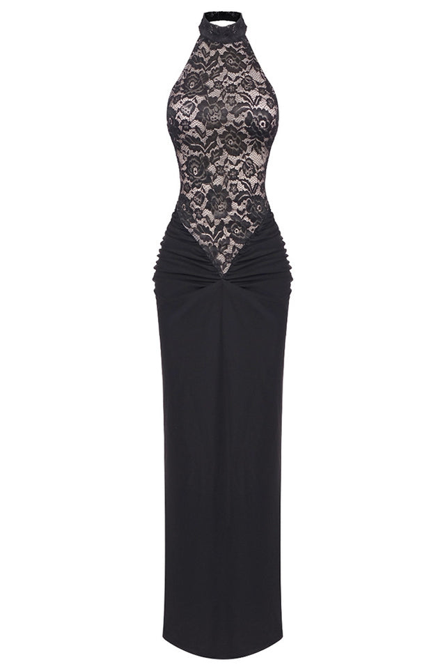 Floral Lace Halter High Neck Ruched Waist Column Maxi Gown