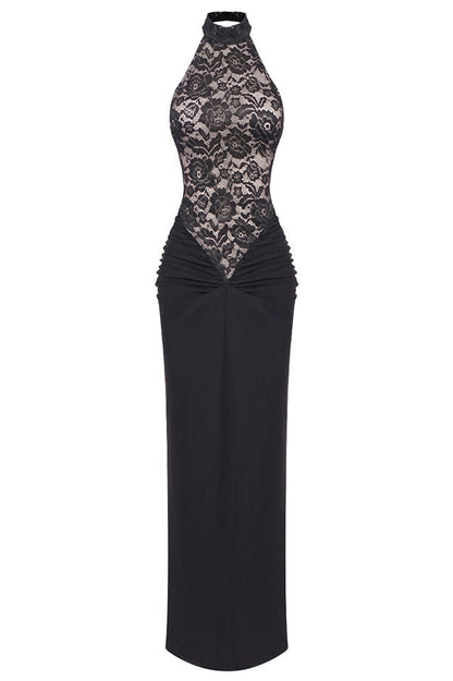 Floral Lace Halter High Neck Ruched Waist Column Maxi Gown