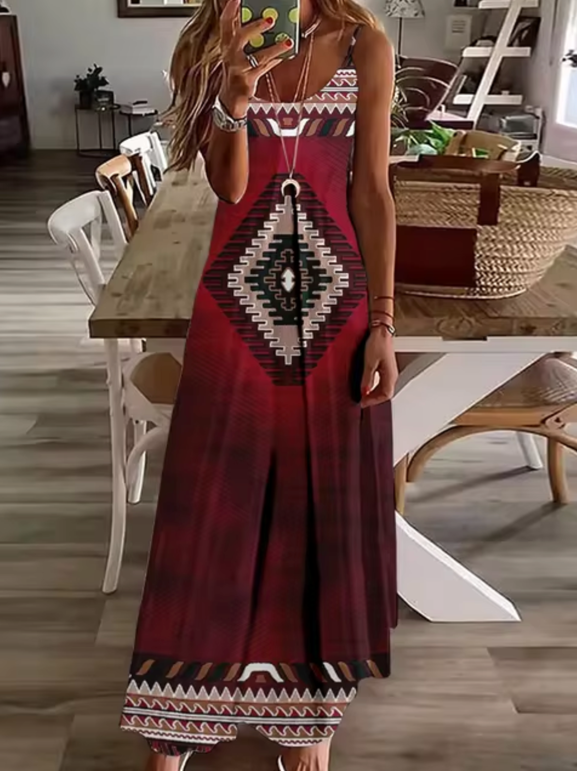 Deep V-Neck Turtle Dreamcatcher Feather Print Spaghetti Strap Maxi Dress