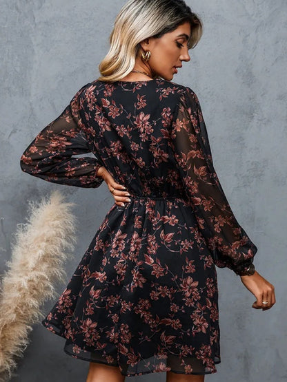 Printed Chiffon V-neck Sheer Long Sleeves Mini&Short Dresses