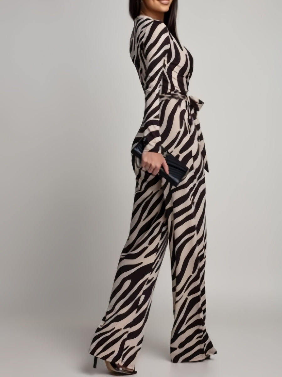 Zebra Print V-neck Long Sleeve Wide-leg Pants Jumpsuits