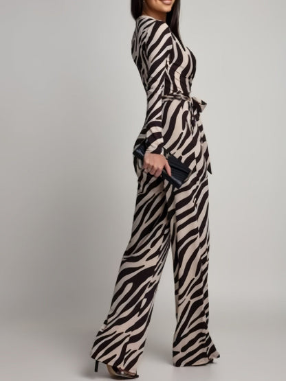 Zebra Print V-neck Long Sleeve Wide-leg Pants Jumpsuits