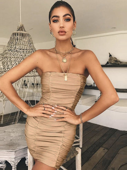 Strapless Nightclub Pleated Bodycon Mini Dress