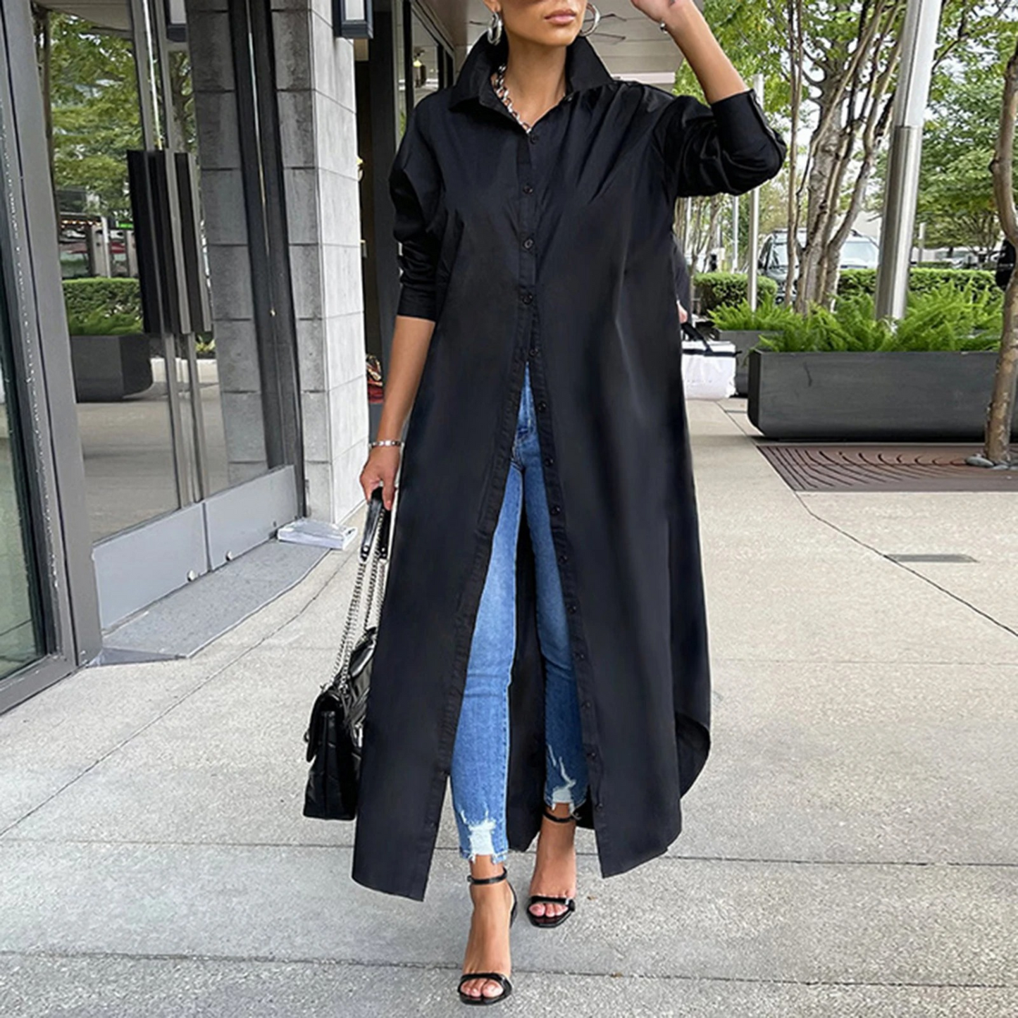 Oversized Collared Button-Front Side Slit Long Sleeve Maxi Shirt Dress