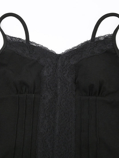 Deep V-neck Solid Color Lace Trim Split Camisole