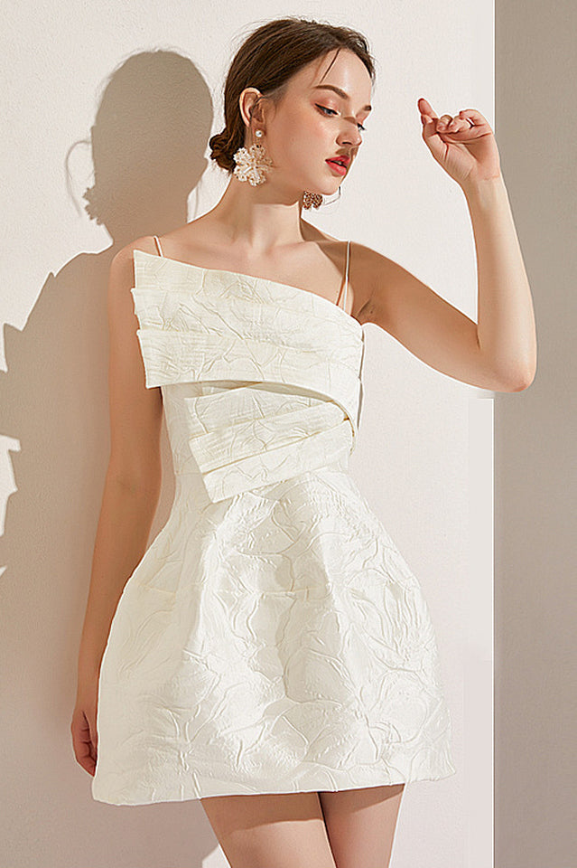 Jacquard Brocade Asymmetrical Pleated Overlay Spaghetti Strap Mini Dress