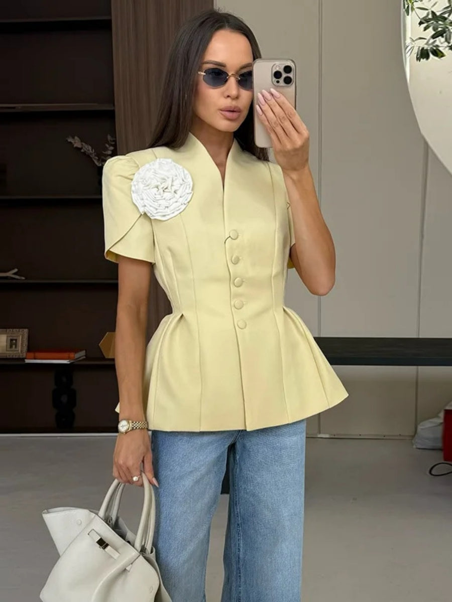 Waist 3D Flowers Short Sleeve Suit Jacket Commuting Shirts