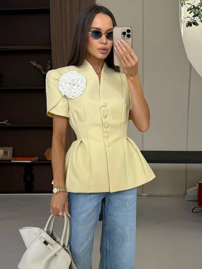 Waist 3D Flowers Short Sleeve Suit Jacket Commuting Shirts