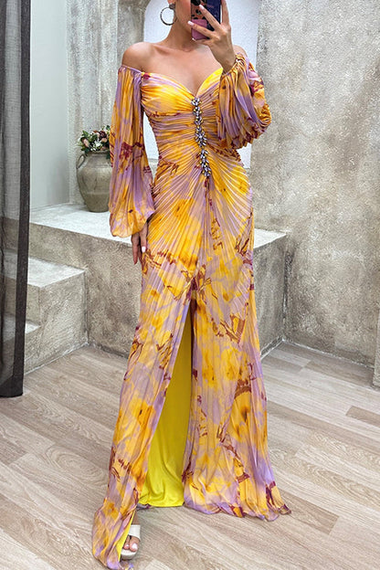 Margovil Off Shoulder Rhinestones Detail Printed Slit Pleated Maxi Dress
