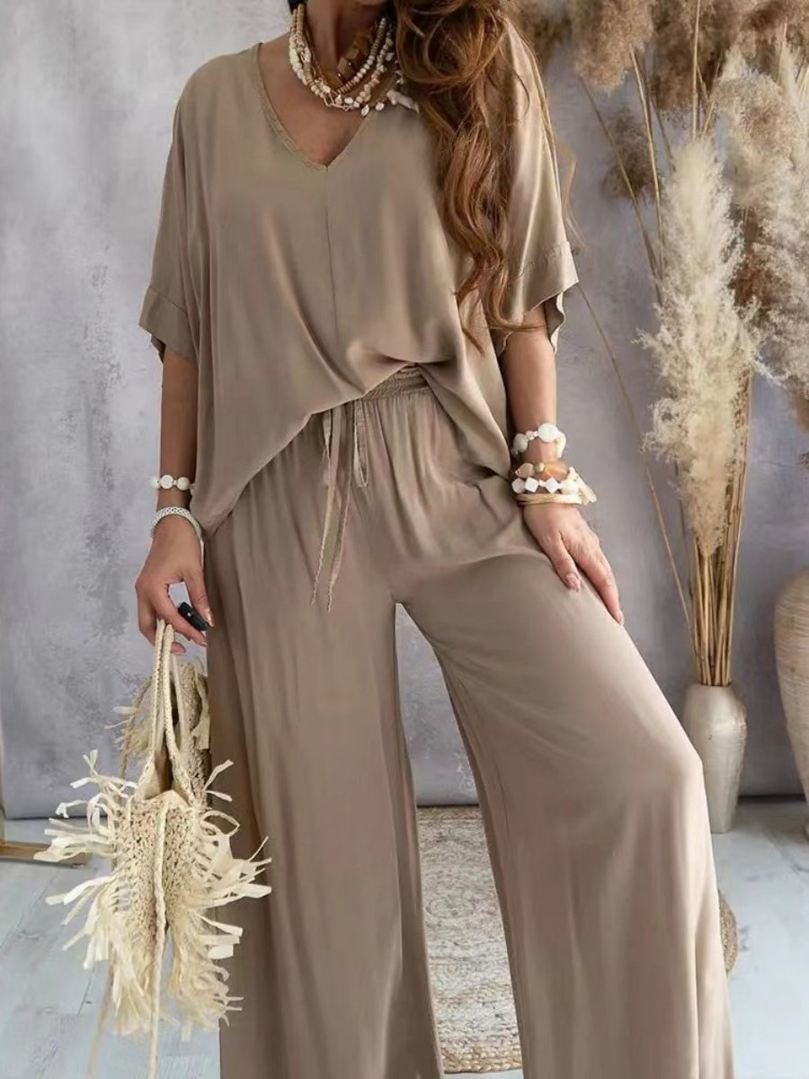 V-neck Batwing Sleeve Casual Loose Wide-leg Pants Two-piece Set