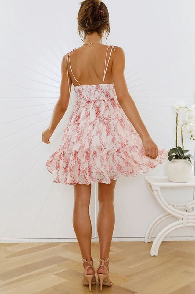 Tie Shoulder Bow Strap Ruched Empire Waist Tiered Ruffle Floral Mini Dress