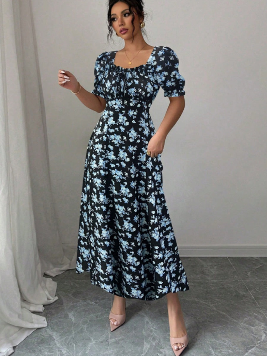 Floral Short Sleeve Square Collar Ruffle Vacation And Leisure Maxi Dresses