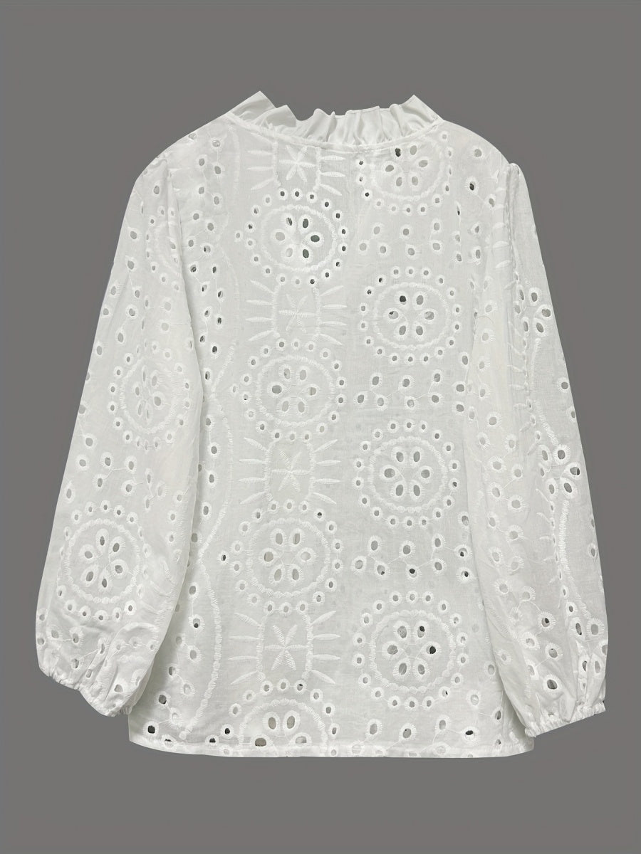 White Long-sleeved V-neck Lace Shirts