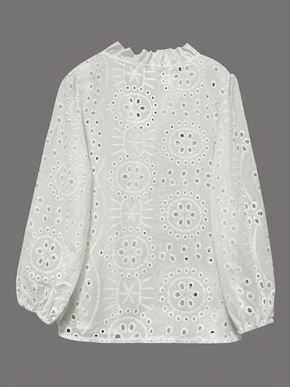 White Long-sleeved V-neck Lace Shirts