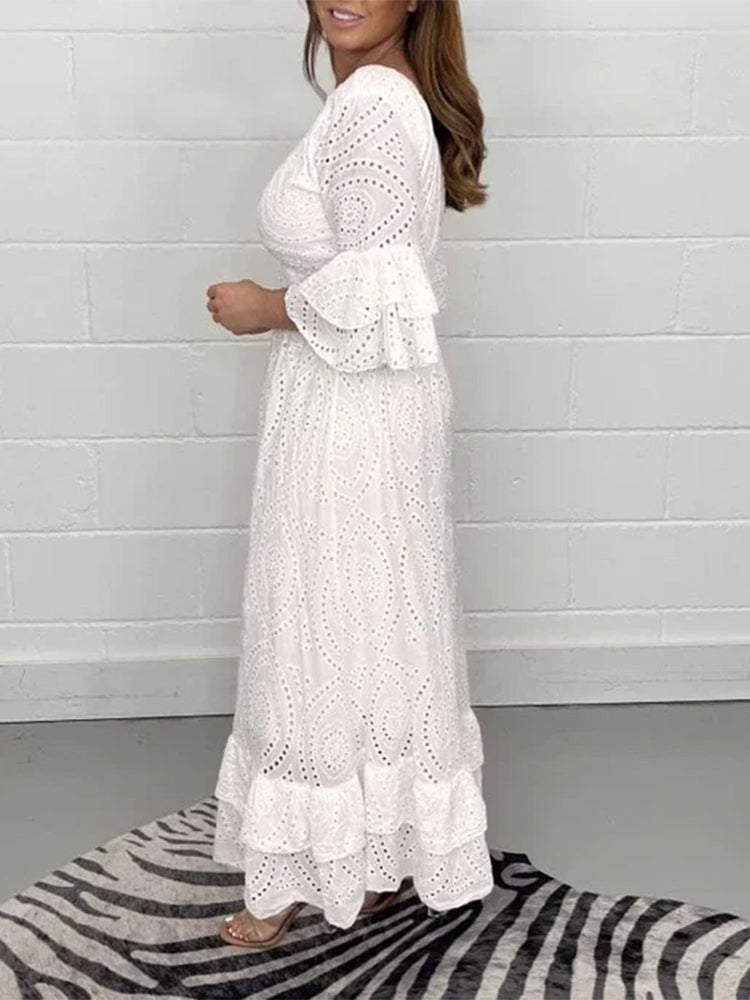 Broderie Anglaise Deep V-Neck Double Ruffle Sleeve Smocked Waist Tiered Midi Dress