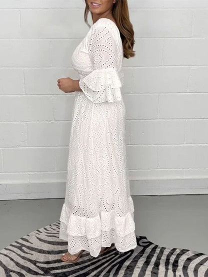 Broderie Anglaise Deep V-Neck Double Ruffle Sleeve Smocked Waist Tiered Midi Dress