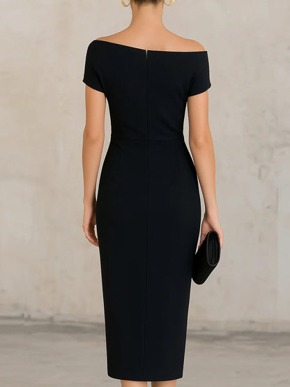 Off-the-shoulder, Fitted Waist, Pleated, Slit Midi Dress