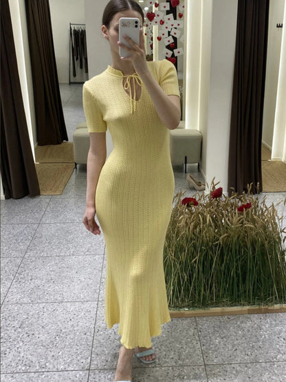 Hollow Knitting Crochet Jacquard Hip-hugging Short Sleeve Grace Maxi Dresses