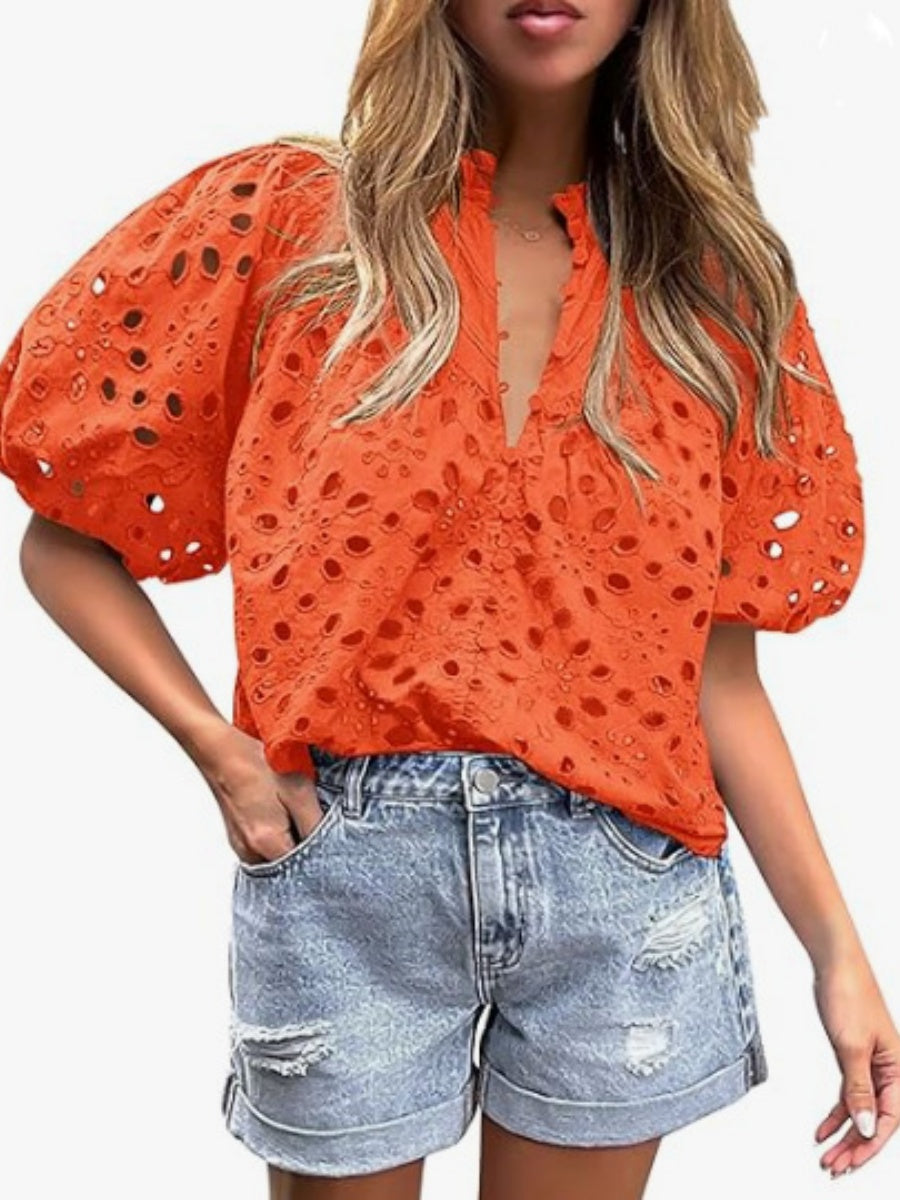 V-neck Buttons Hollow Lace Embroidery Shirts