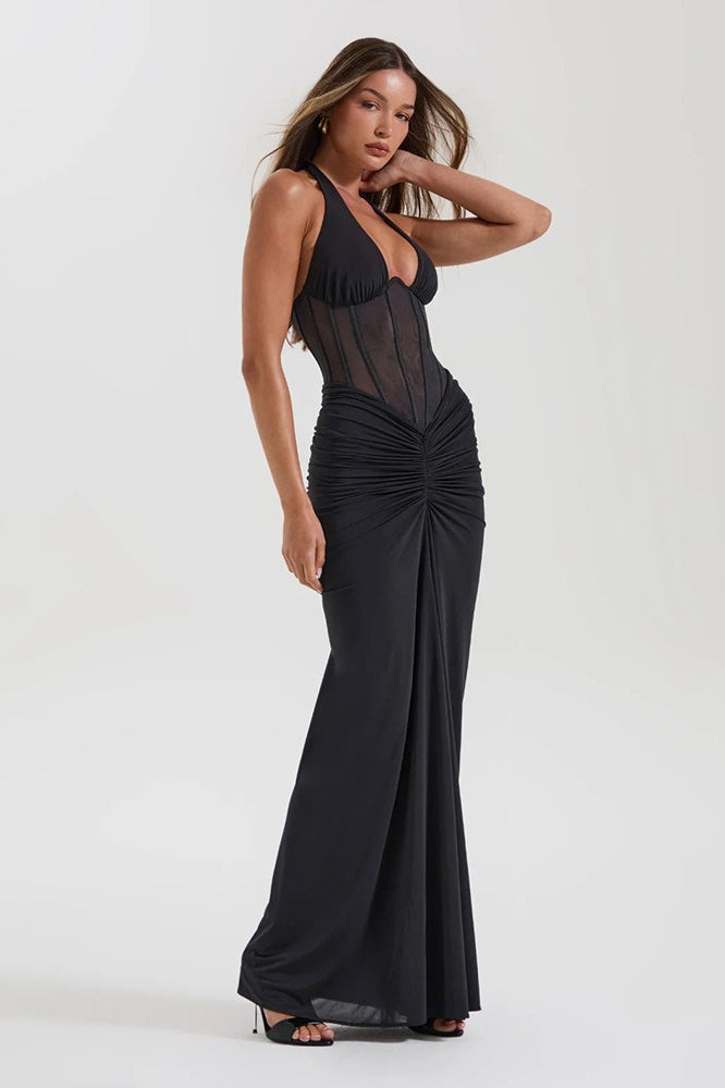 | Halter Maxi Dress with Mesh Panels