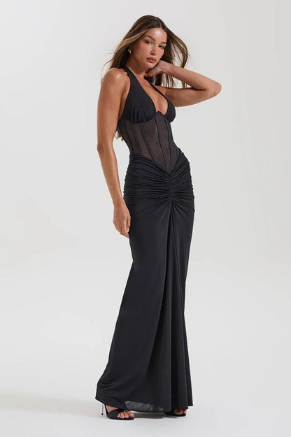 | Halter Maxi Dress with Mesh Panels